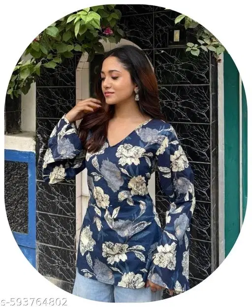 Floral Rayon Kurti with Waist Tie-Ups for Women (White, S)