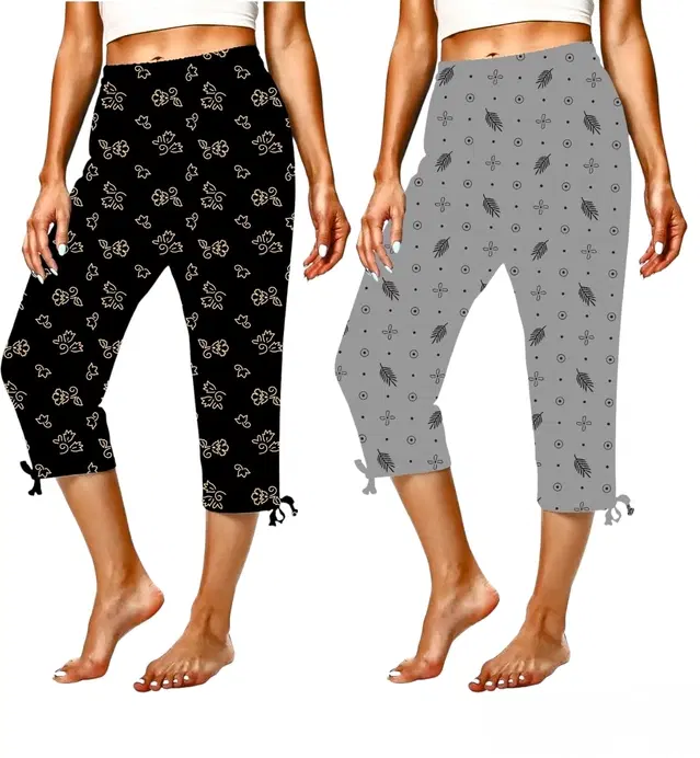 Cotton Printed Capri for Women, Pack of 2 (Black & Grey, L)