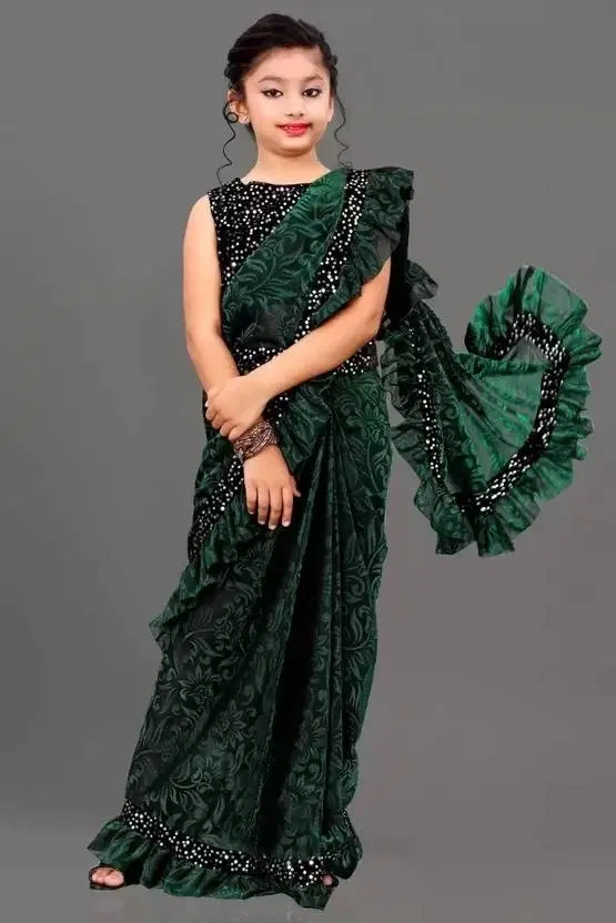 Silk Embellished Saree for Women, Green (10-12 Years)