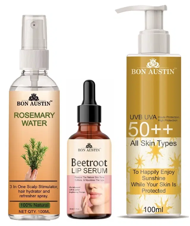 Bon Austin Rosemary Hair Spray, 100 ml with Beetroot Lip Serum, 30 ml, UVA & UVB Protection Sunscreen Lotion, 100 ml, Set of 3
