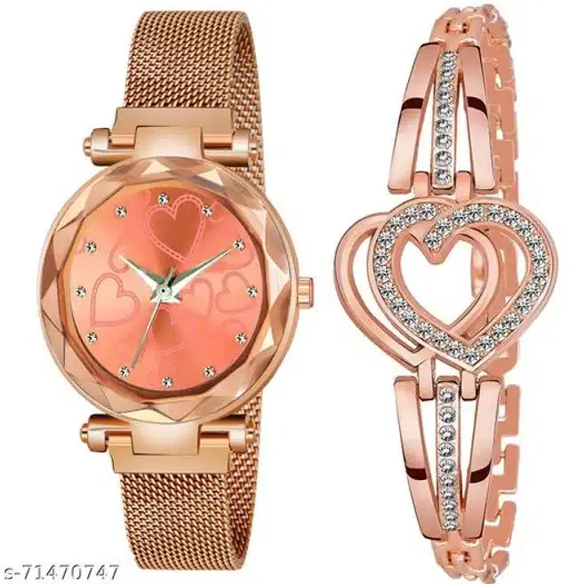 Analog Watch with Bracelet for Women, Set of 2 (Multicolor)