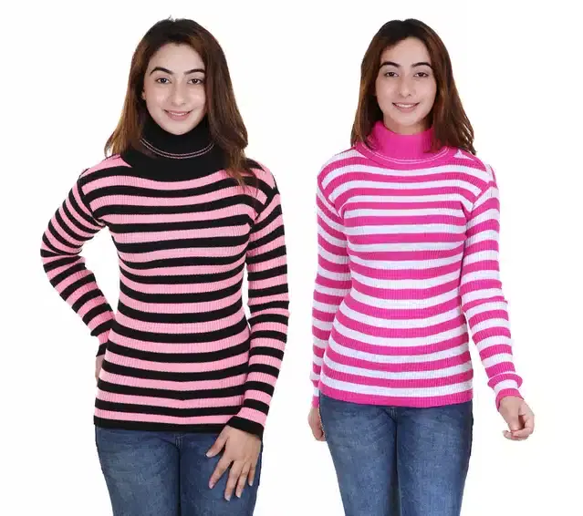 Full Sleeves Striped Sweater for Women, Pack of 2 (Pink, XL)