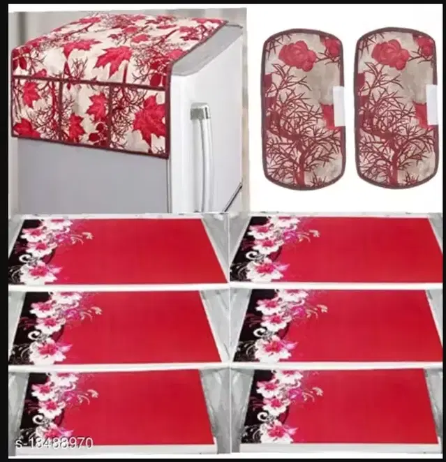 Knitted Fridge Cover, With 6xFridge Mat And 2xHandle Cover Pack Of 9 Red