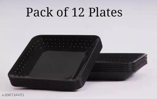 Plastic Plates for Kitchen, Black, Pack of 12