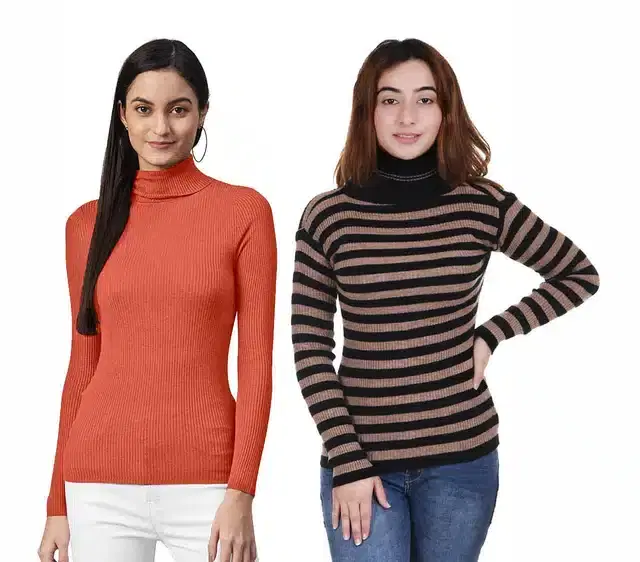 Full Sleeves Solid Sweater for Women, Pack of 2 (Orange & Brown, M)