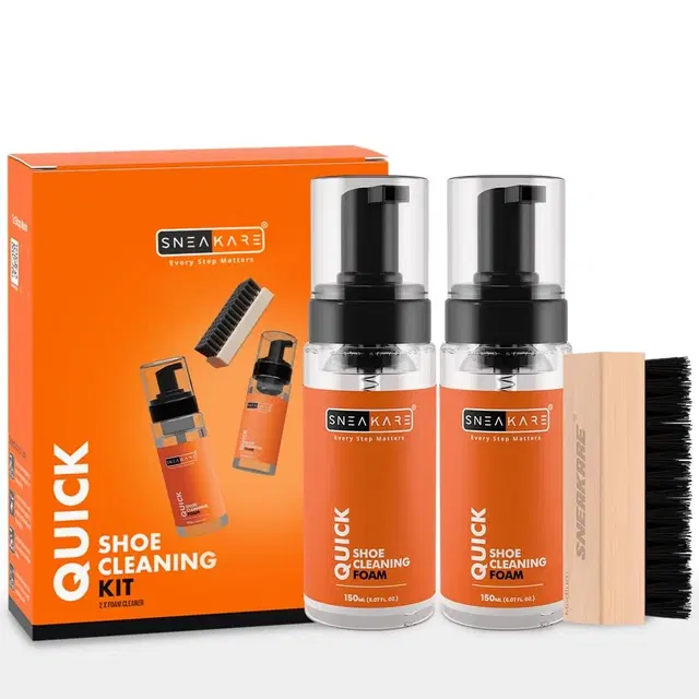 Sneakare Quick Shoe Cleaning Kit (150 ml) & 1 Medium Bristle Cleaner Brush With Shoe Cleaning Foam (150 ml), White Shoe Cleaning Kit, Shoe Cleaner Kit For Sneakers, Sports Shoe Cleaner Foam Spray