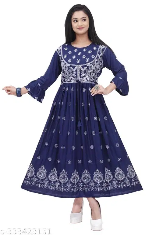 Gown Kurti for Women (Blue, XL)