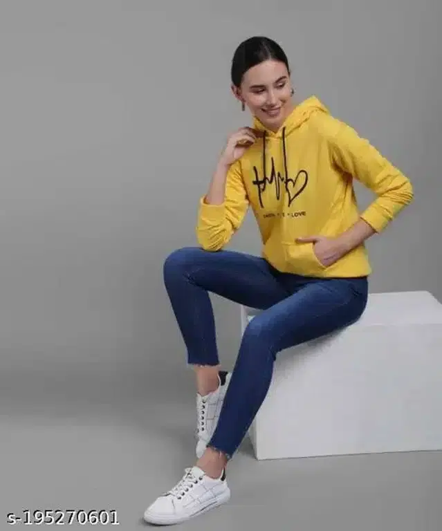 Fleece Printed Full Sleeves Hooded Sweatshirt for Women (Mustard, M)