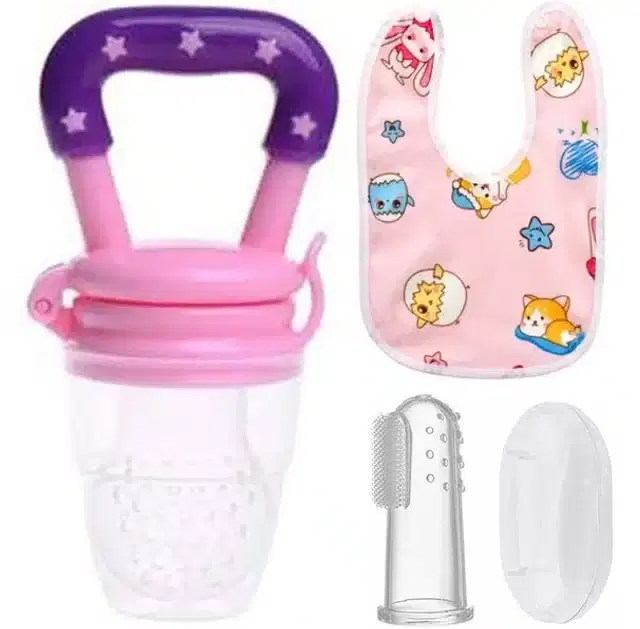 Silicone Fruit Feeder with Finger Brush & Bib for Kids, Multicolor, Set of 3