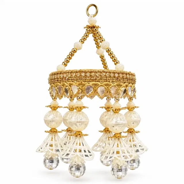 Golden Round Dome Jhoomar With Cream Pearl Bead Danglers