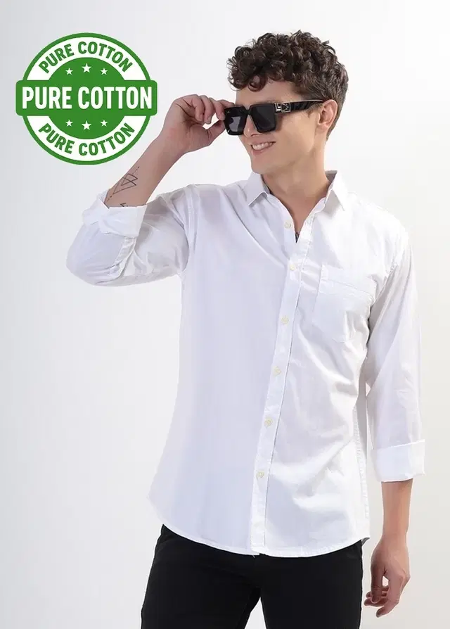 100% Cotton Full Sleeves Solid Shirt for Men, White (L)