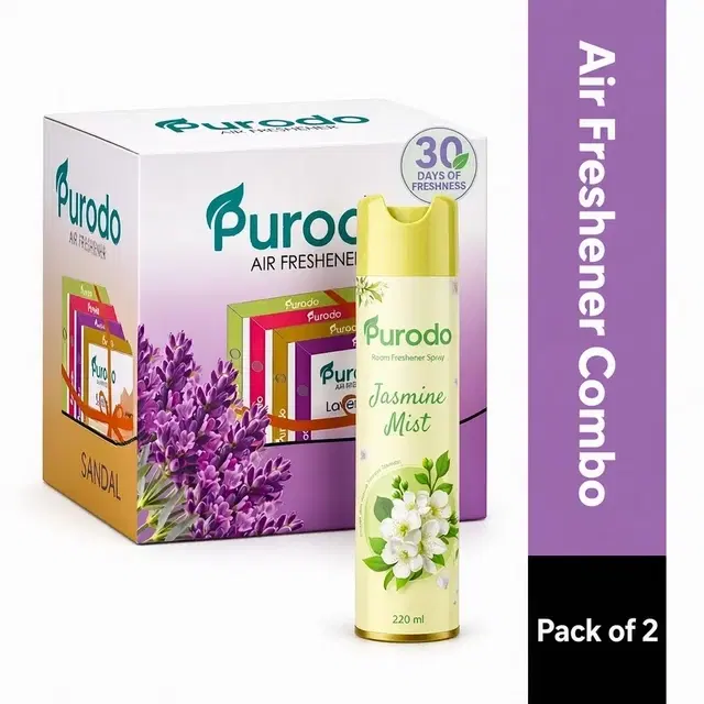 Purodo Air Freshener Spray 220ml Jasmine Mist + Air Freshner Blocks Lavender, Jasmine, Sandal & Rose 4 X 50g
