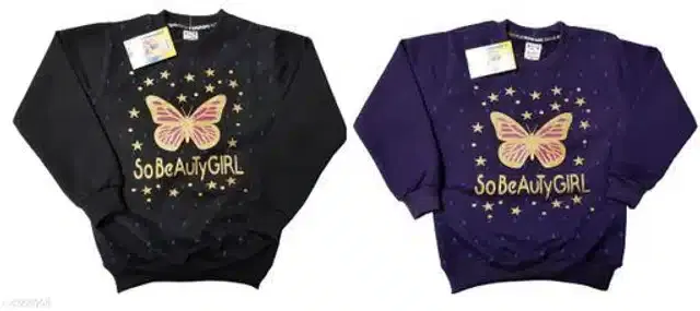 Fleece Printed Full Sleeves Round Neck Sweatshirts for Girls, Pack of 2 (Black & Navy Blue, 4-5 Years)