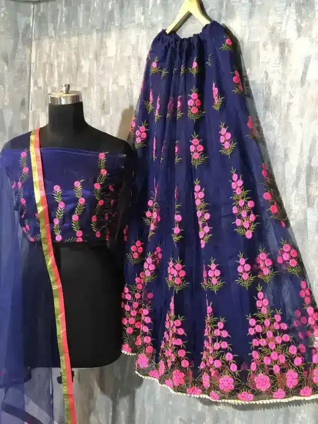Poshvariety Designer Acrylyc Lehenga Choli With Dupatta (Unstitched) (Navy Blue) (P-014)