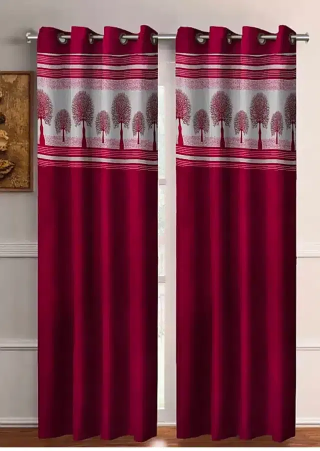 Polyester Patch Worked Window & Door Curtains, Pack of 2, Maroon, 5 feet