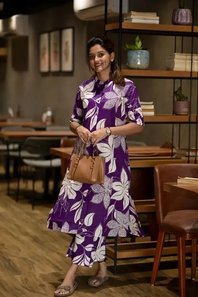 Cotton Blend Kurta Set for Women (Purple, L)