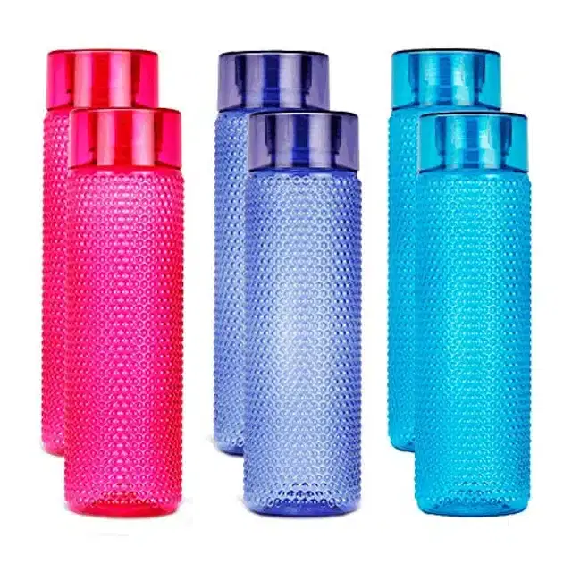 Airtight Plastic Water Bottle with Lid, Multicolor, 1000 ml, Pack of 6