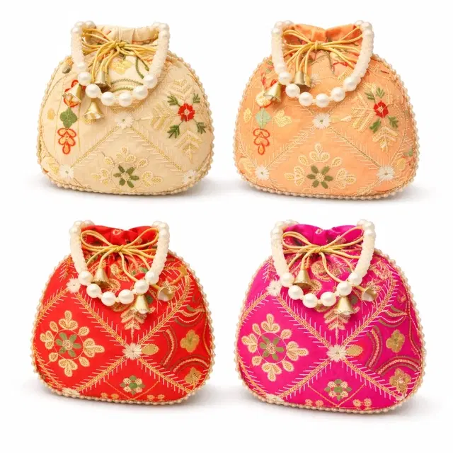 Handcrafted Embroidered Silk Potli Bag, Multicolour, Pack of 4