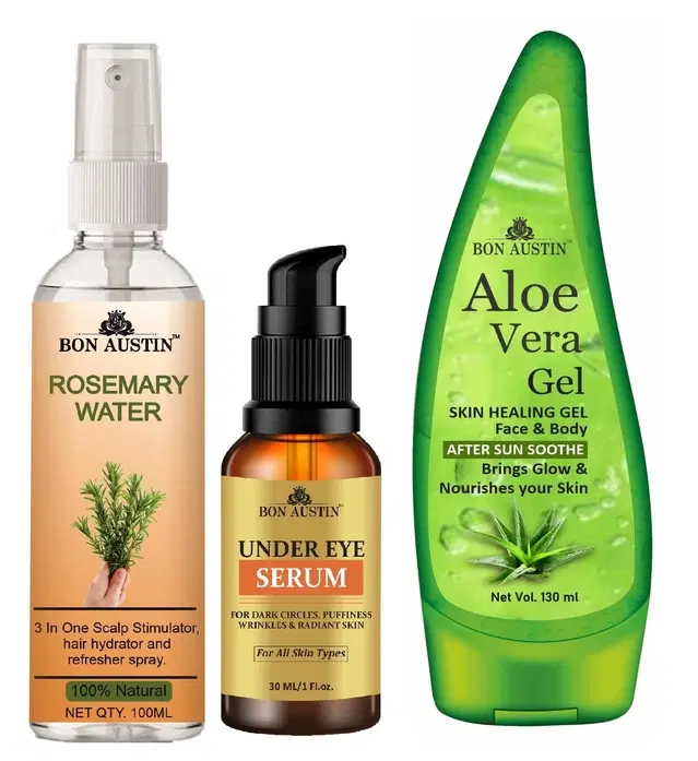 Bon Austin Natural Rosemary Water, 100 ml with Under Eye Serum, 30 ml & Aloe Vera Face Gel, 30 ml, Set of 3