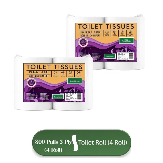 Terrahome Toilet Tissue Paper Rolls, 3 Ply, 400 Pulls [4 X 200 Pulls] [Pack Of 2]