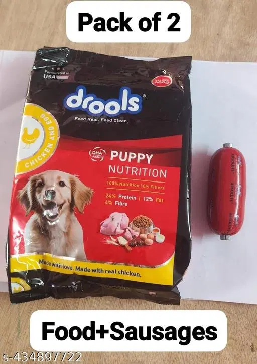 Drools Chicken and Egg Puppy Dog Food, 400gm + Drools Absolute Calcium Sausage, Dog Supplement 65gm (pack of 2)