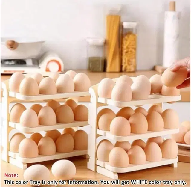 Plastic 3 Layer 24 Grid Egg Holder Rack, White, Pack of 1