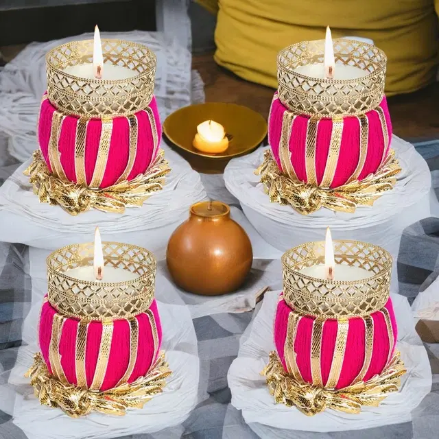 Metal Designer Tealight Candle Holder, Pink, 5x5x6 cm, Pack of 4