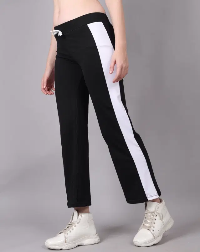 Cotton Striped Trackpant for Women (Black, M)