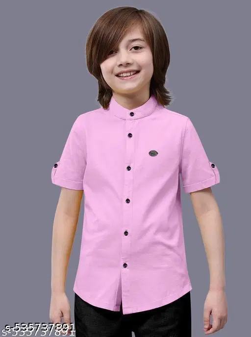 Solid Cotton Blend Mandarin Neck Short Sleeves Shirt for Boys (Pink, 10-11 Years)