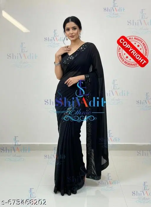Georgette Embroidered Saree For Women, Black
