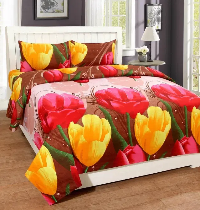 Polycotton Double Bedsheet with 2 Pillow Cover, Multicolor, 90x90 inches
