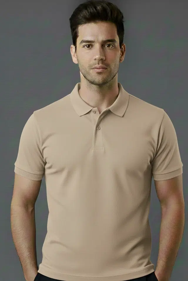 Cotton Blend Polo Neck T-shirt for men, Beige (L)