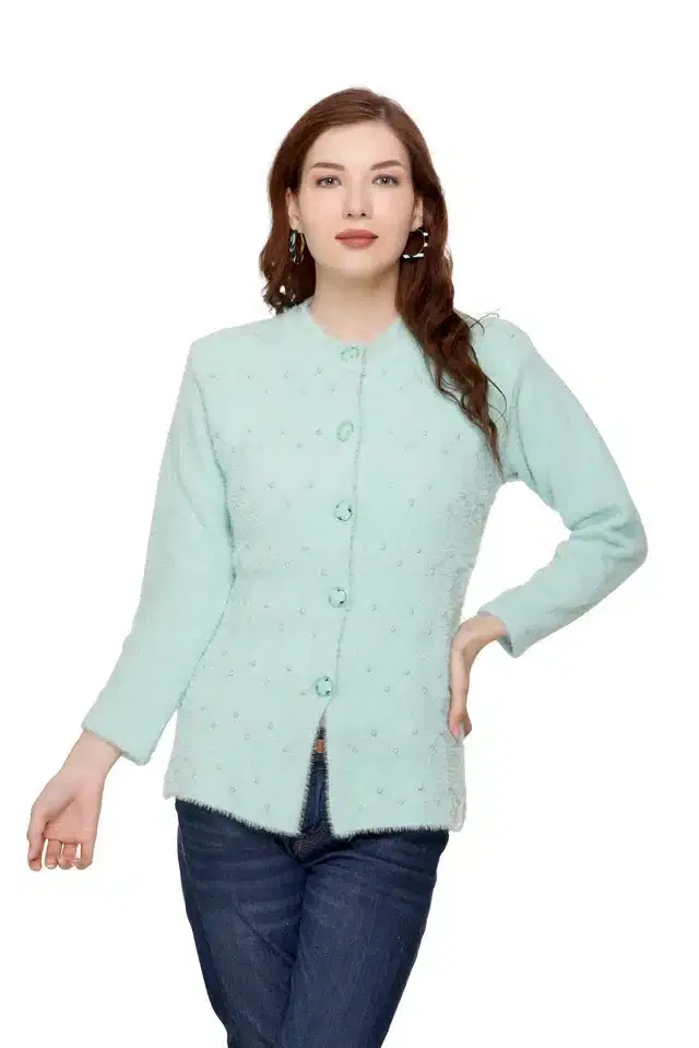 Woolen Full Sleeves Cardigan for Women (Green, L, Free Size)