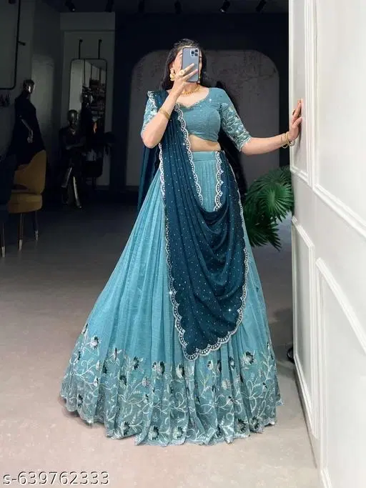Embroidered Lehenga Choli for Women (Sky Blue, Semi Stitched)