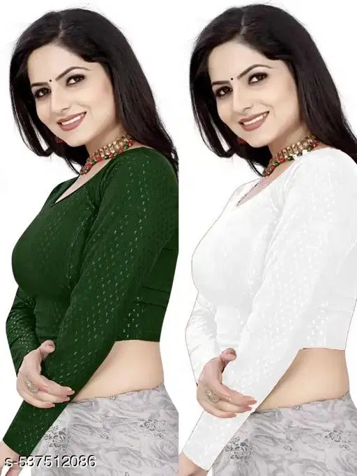 Lycra Ready Made Blouse for Women, Green & White , Pack of 2 (26)
