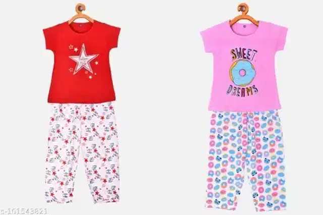 Nightsuit for Girls, Pack of 2 (Multicolor, 6-7 Years)