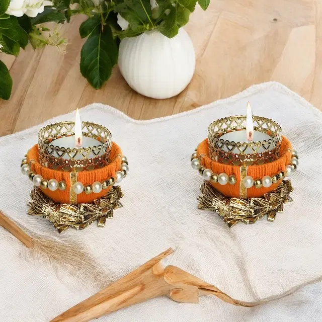 Metal Designer Tealight Candle Holder, Orange, 6.5x6.5x4.5 cm, Pack of 2
