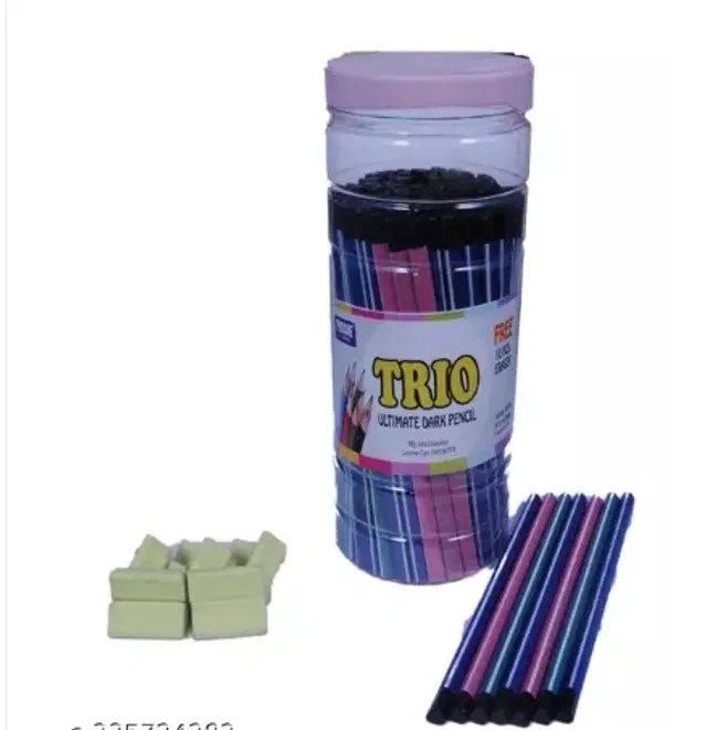 Combo of Posshe Super Dark Pencils, 100 Pcs with Container & 10 Pcs Erasers, Multicolor, Set of 2