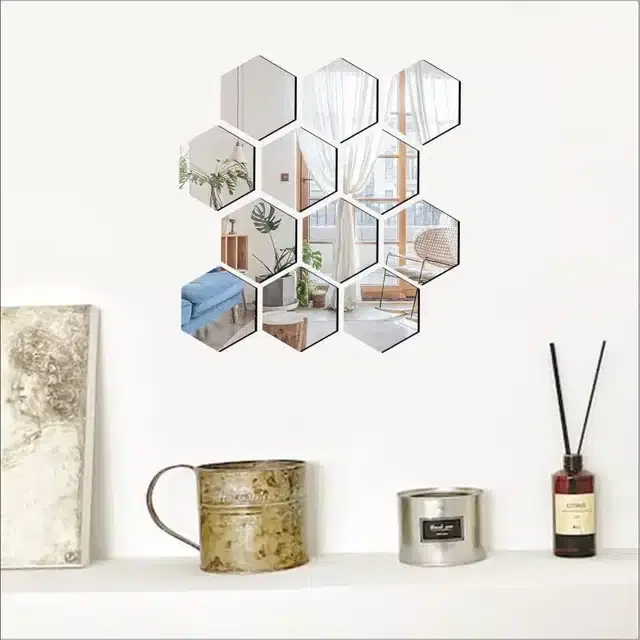 Acrylic Hexagon Shaped Wall Mirror Stickers, Silver, Pack of 12