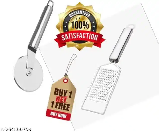 Stainless Steel Pizza Cutter with Cheese Grater, Silver, Set of 2