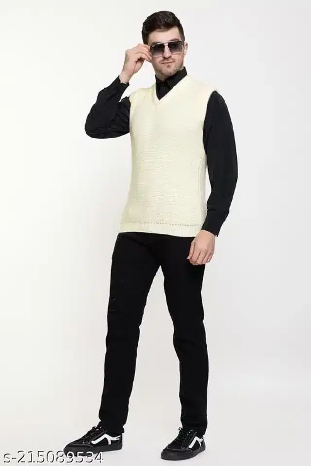 Woolen Sleeveless Sweater for Men (White, M)
