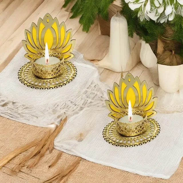 Metal Designer Tealight Candle Holder, Yellow, 8x8x7 cm, Pack of 2