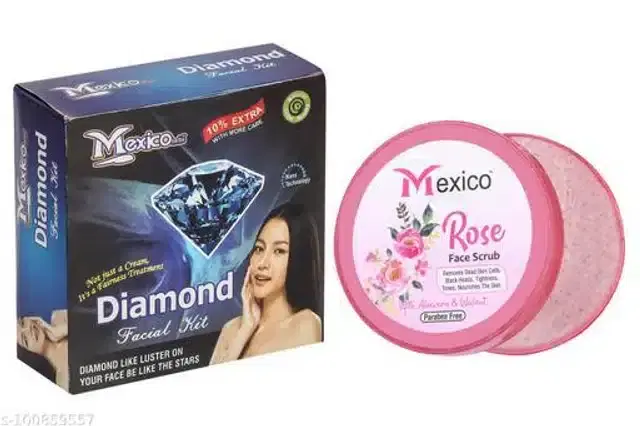 Mexico Herbal Diamond Glow Fairness Facial Kit with Rose Aloevera Vibes Face Scrub, Set of 2