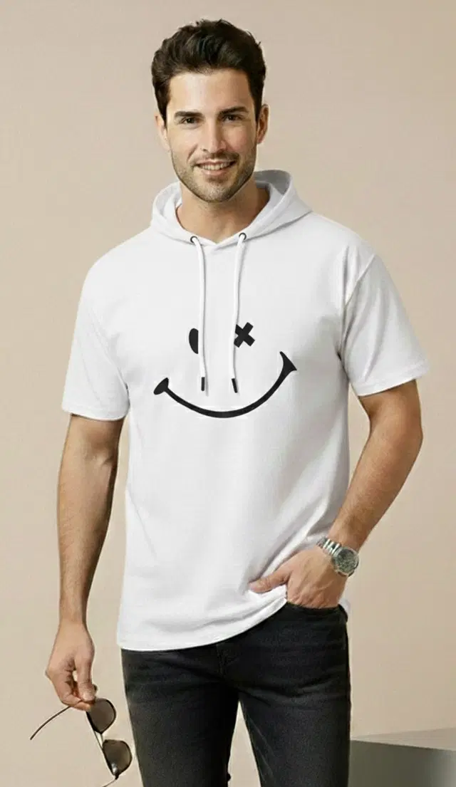 Polyester Printed T-shirt for Men, White (XL)