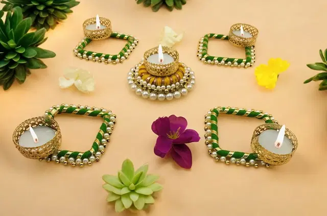 Metal Designer Tealight Candle Holder, Multicolor, 8x8x4.5 cm, Pack of 5