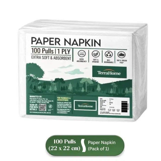TerraHome Small Tissue Paper Napkins, 1 Ply, 22x22cm [100 Pieces]