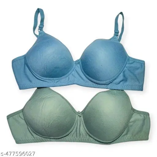 Cotton Solid Bra for Women & Girls, Green & Blue, Pack of 2 (28A)