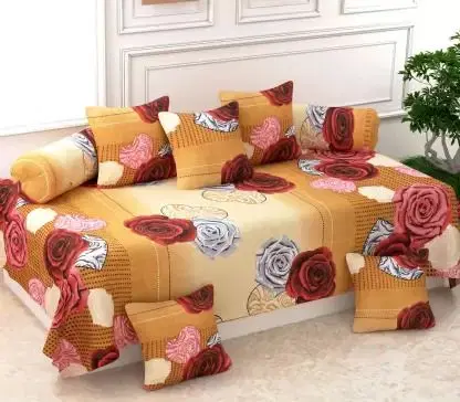 Swadeshi Style PolyCotton Diwan Set with 8 Pieces 1 Single Bed Sheet with 5 Cushions Covers and 2 Bolster Covers, Multicolor, 43 cm X 30 cm X 1 cm, DD-60