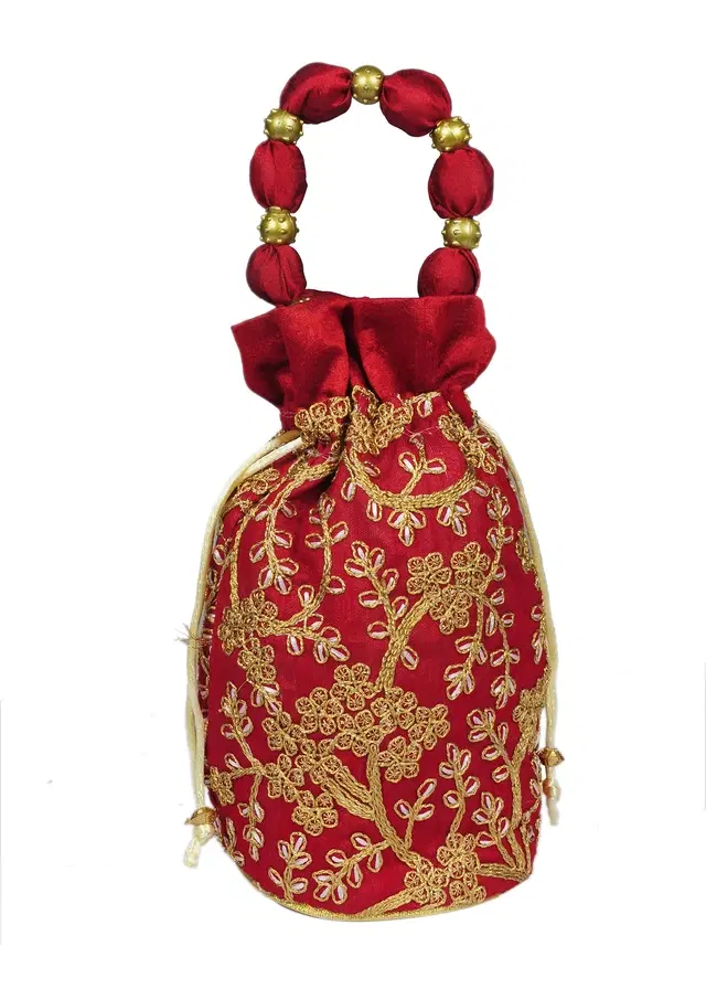 Silk Floral Ethnic Rajasthani Traditional Work Potli with Handle for Return Gifts, Maroon