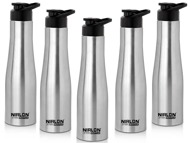 Nirlon Tall Bell Single Wall Stainless Steel Water Bottle 1000Ml, Water Bottles For Fridge, School,Gym,Home,Office,Boys, Girls, Kids, Leak Proof(Silver Colour|Sipper Cap|Set Of 5)